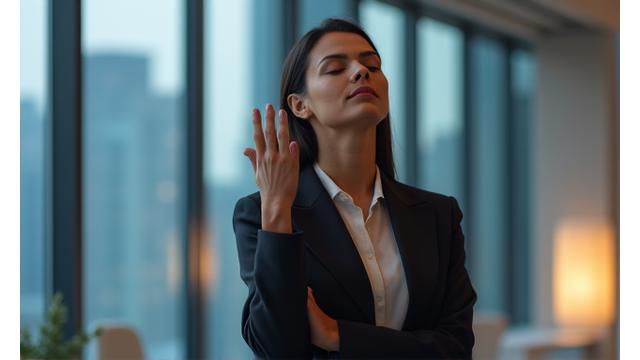 Lisa Rodriguez, a serene Hispanic woman, demonstrating a mindfulness exercise in a calm, modern office setting, with a subtle glow of light, evoking peace and focus.