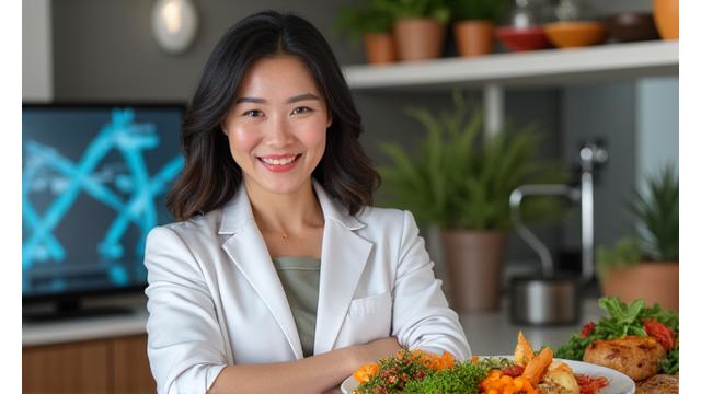 Dr. Sarah Chen, a vibrant Asian woman in professional attire, smiling and gesturing towards a vibrant plate of healthy food, representing advanced nutrition planning.