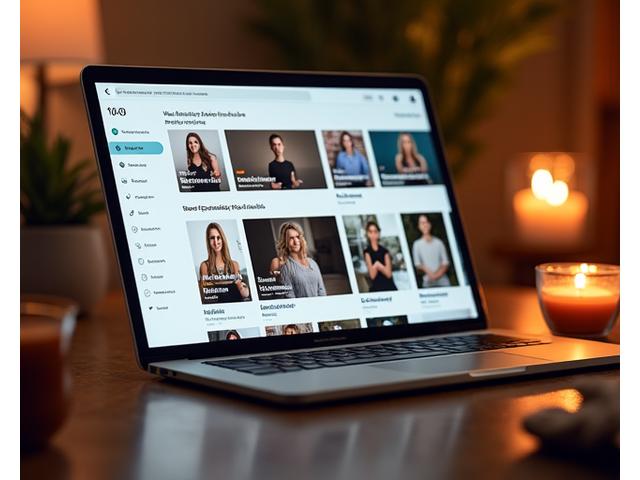 An elegantly designed user interface of a video library on a tablet, showcasing various wellness workshop thumbnails, organized by category and instructor. Soft, warm lighting, inviting and accessible.